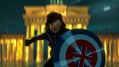 a woman dressed as captain america holding a shield in front of a castle at night