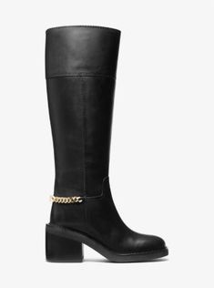 Our Carlisle boot is a chic, modern take on the traditional riding-boot silhouette. Set on a chunky block heel, the supple leather pair features a round toe and chain-link accents finished with our Empire monogram. The styling options are endless. Boot Silhouette, Michael Kors Boots, Riding Boot, Chunky Block Heels, Leather Riding Boots, Carlisle, Boot Shoes Women, Riding Boots, Chain Link