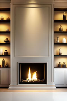 a fire place in the middle of a room with shelves full of vases on either side