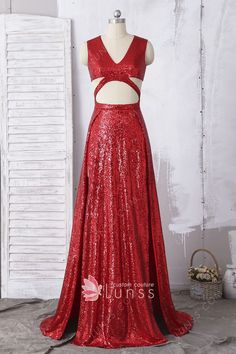 This customized sexy spparkly red sequin prom dress features sleeveless V neckline, cut-out waist, double slits on skirt. This unique gown will make you outstanding at the prom party or any other occasions. Red Sequin Dress, Simple Gowns, The Prom, Sequin Prom Dress, Prom Dresses Sleeveless, A Line Prom Dresses