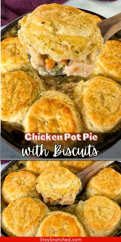 chicken pot pie with biscuits in a cast iron skillet