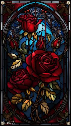 a stained glass window with red roses in it