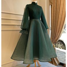 2023 Elegant Muslim Evening Dress Long Sleeves High Banquet Evening Dress With Sheer Sleeves, Organza Midi Evening Dress, Party Organza Midi Evening Dress, Green Organza Evening Dress For Banquet, Organza Midi Length Evening Dress For Party, Fitted Elegant Tulle Tea Length Dress, Green Organza Party Gown, Organza Dress With Tulle Skirt For Banquet, Long Sleeve Organza Gown For Banquet