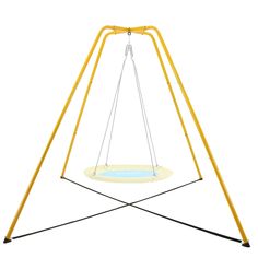 a yellow and white swing set with two swings on it's sides, one is empty