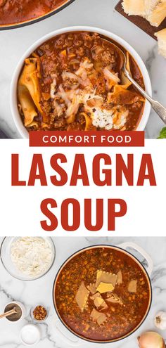 the cover of comfort food lasagna soup is shown with other dishes and ingredients