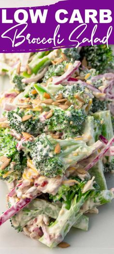 broccoli salad on a white plate with the words low carb broccoli salad