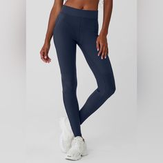 New Alo With Tags Xsmall Navy Pant Navy Stretch Sportswear Bottoms, Compressive Athleisure Bottoms For Workwear, Navy Compression Athleisure Bottoms, Navy High Waist Sporty Pants, Sporty Compressive Blue Pants, Navy Fitted Sporty Bottoms, Navy Sporty Fitted Bottoms, Navy Stretch Activewear With Pockets, Stretch Navy Activewear With Pockets