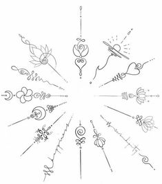 a drawing of different designs and shapes in the shape of a flower with an arrow on it