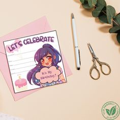 a greeting card with an anime character on it next to a pair of scissors and a pen