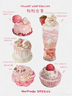 a poster with four different types of desserts in english and chinese writing on it