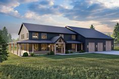 this is an artist's rendering of the modern farmhouse style house plan with two garages