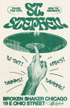 an old concert poster with a hand holding a frisbee in it's center