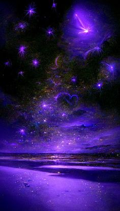 the night sky is filled with purple stars and sparkles as if they were floating in space