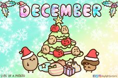 an animated christmas tree with poop characters around it and the words december above it