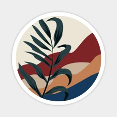 a round sticker with a plant in the middle and an orange, red, blue, and white background