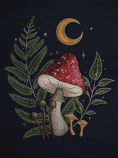 a painting of mushrooms and leaves with the moon in the background