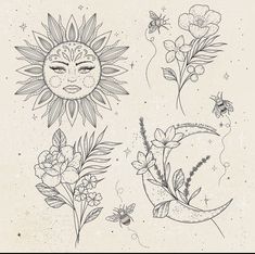 the sun, moon and flowers are drawn in black ink on white paper with text that reads