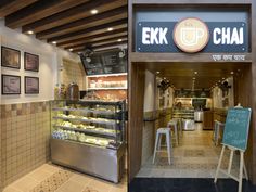 the inside and outside of a restaurant with food on display in glass cases, along with a chalkboard sign that says eyk up chai