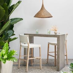 a table with two stools next to a potted plant and a hanging lamp