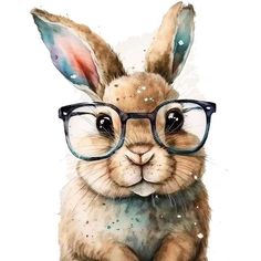 a watercolor painting of a rabbit wearing glasses