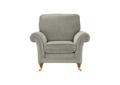 a grey chair with wooden legs and arms