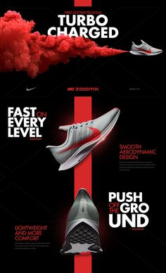 an advertisement for nike's new shoe line is shown in red, white and black