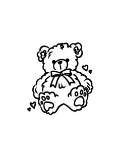 a black and white drawing of a teddy bear with hearts coming out of its paws