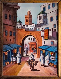 an oil painting of some people walking down the street with buildings in the back ground