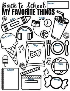 the back to school my favorite things coloring page is filled with food, drinks and candy