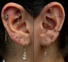 two pictures of the same ear with different types of piercings on them, one is in