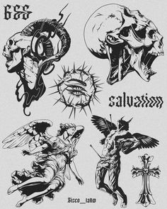 several different types of tattoos on a white sheet with black ink and an image of the devil