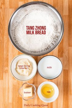 ingredients to make tang zong milk bread laid out on a wooden table with text overlay