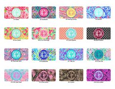 the monogrammed name tags are available in many colors and sizes, including pink, blue