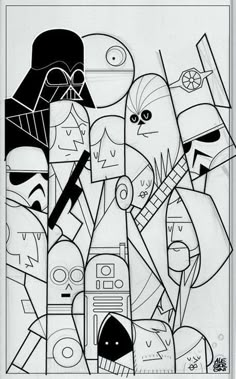 a black and white drawing of star wars characters