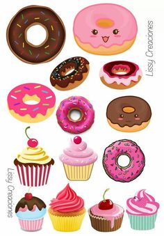 a bunch of different types of doughnuts on a white background with the words donuts written below them