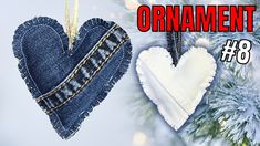 an ornament hanging from a christmas tree next to a pair of jeans heart ornaments