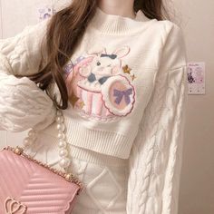 Rabbit Embroidery, Knit Sweater Outfit, Sweater Skirt Set, Bunny Embroidery, Embroidery Skirt, Harajuku Outfits, Embroidery Sweater, Color Sweater, Cute Rabbit