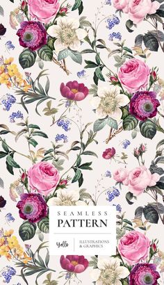 a floral wallpaper pattern with pink, yellow and purple flowers on white background that says seamless pattern