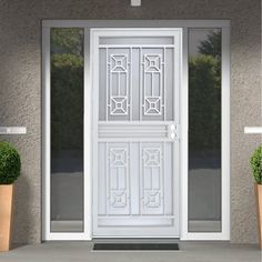 two potted plants are next to a white front door with glass panels on it