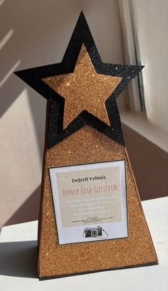 a star shaped award sitting on top of a table