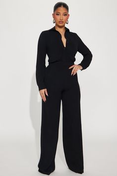 Available In Black, Mocha, And Chartreuse. Jumpsuit Collar Long Sleeve Button Up Wide Leg Non Stretch Inseam= 34" 100% Polyester Imported | Makenzie Jumpsuit in Black size XS by Fashion Nova Black Formal Women Outfit, Wide Leg Jumpsuit Outfit Casual, 2024 Birthday Outfits, Sleek V-neck Jumpsuits And Rompers For Work, V-neck Bodysuit For Workwear, Solid V-neck Bodysuit For Work, Chic Stretch Bodysuit With Button Closure, Long Sleeve Jumpsuits And Rompers For Office, Chic Fitted Bodysuit With Button Closure