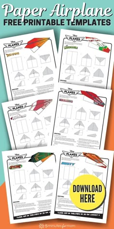 Six different paper airplane templates for Disney Planes. Words on image say "Paper Airplane Free Printable Templates" and "Download Here". Different Types Of Paper Airplanes, Paper Airplane Folding Template, Types Of Paper Airplanes, How To Fold An Airplane, Paper Airplane Printable Templates, Paper Airplane Activities For Kids