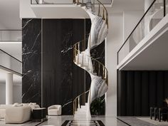 a spiral staircase in the middle of a living room with marble floors and black walls