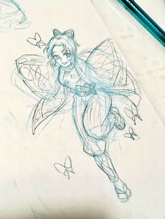 a pencil drawing of a fairy holding a butterfly on top of a piece of paper