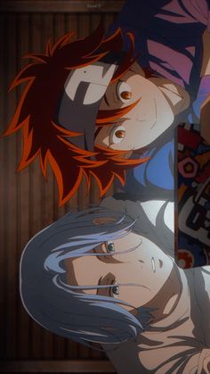 two anime characters with red hair and blue eyes, one is looking at the camera