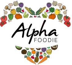 the logo for alpha foodie is surrounded by various fruits and vegetables on a white background