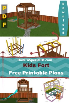 the plans for a kids's fort are shown in three different views, including an outdoor