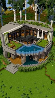 an aerial view of a modern house in minecraft