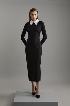 Ponte Embellished Contrast Collar Fitted Maxi Dress | Karen Millen Long Sleeve Elastane Bodycon Dress For Work, Chic Dresses With Contrast Collar, Formal Elastane Dresses For Fall, Fall Workwear Dress Made Of Elastane, Fall Workwear Dresses In Elastane, Fall Elastane Dress For Work, Petite Work Outfits, Petite Wedding Guest Dresses, Latest Maxi Dresses