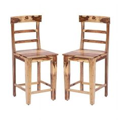 two wooden chairs sitting side by side in front of each other on a white background